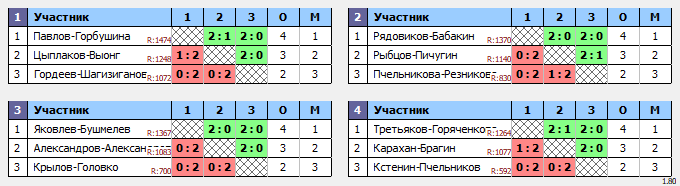 результаты турнира Любительские соревнования (игровая тренировка) по бадминтону среди мужских, женских и смешанных пар в СК«Макс Арена» г.Жуковский